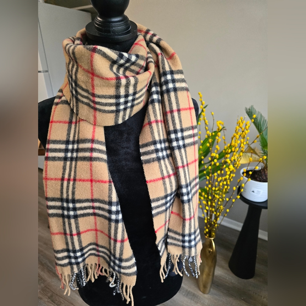 Authentic Burberry London Lambswool Plaid Beige and Red Scarf